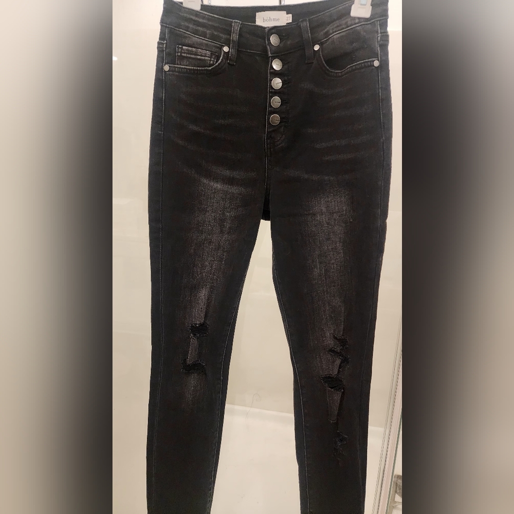 Bohme 27 Black Distressed button up skinny jeans